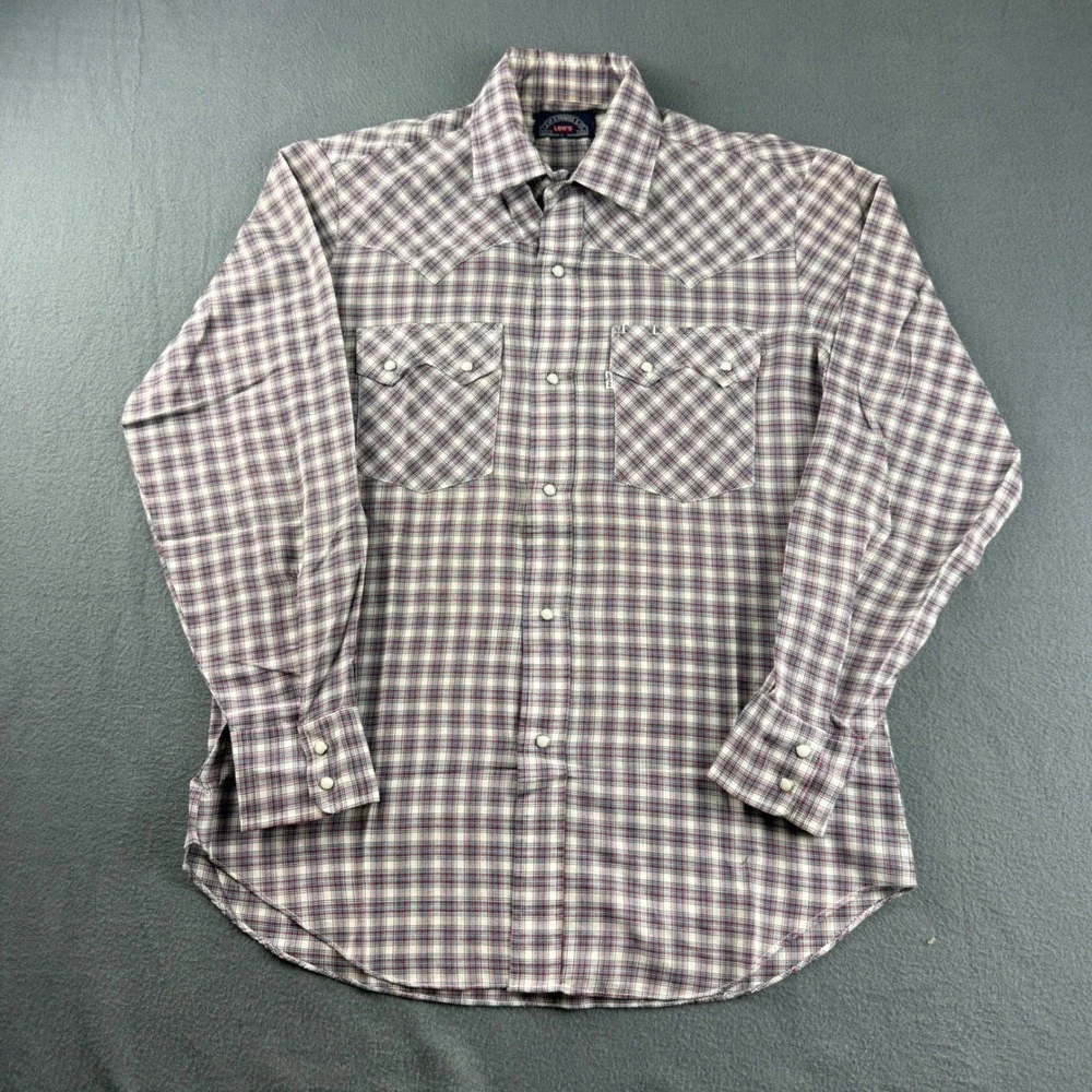 Vintage Levi's Pearl Snap Shirt Men's L Red Plaid Sawtooth 70s Big E Rockabilly